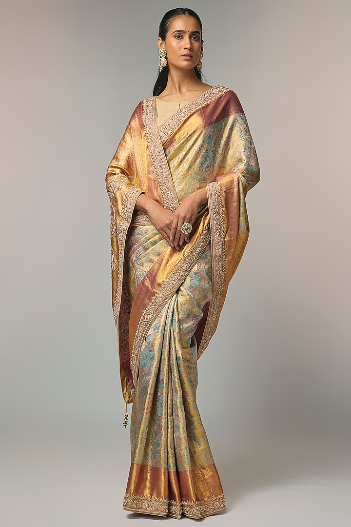 Golden Kanjivaram Reception Saree Set by TATWAMM By Abhishek & Vinita at Pernia's Pop Up Shop
