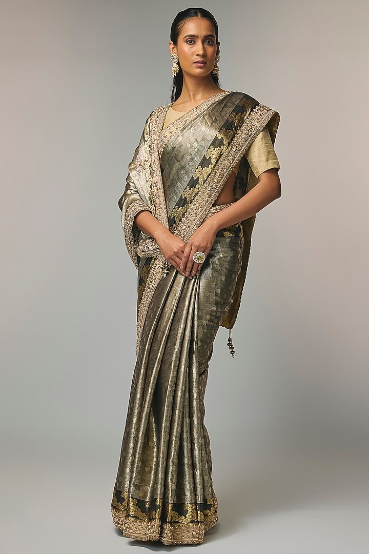 Black Banarasi Tissue Reception Saree Set by TATWAMM By Abhishek & Vinita at Pernia's Pop Up Shop
