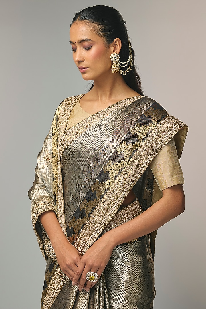 Black Banarasi Tissue Reception Saree Set by TATWAMM By Abhishek & Vinita at Pernia's Pop Up Shop