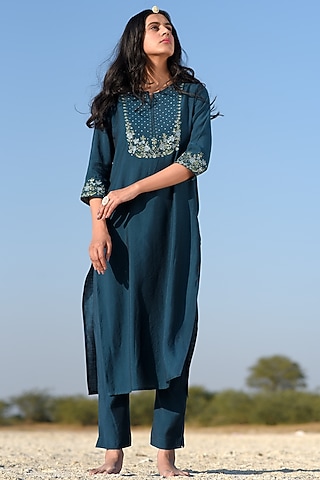 Blue Viscose Katan Silk Embroidered Kurta Set by TATWA
