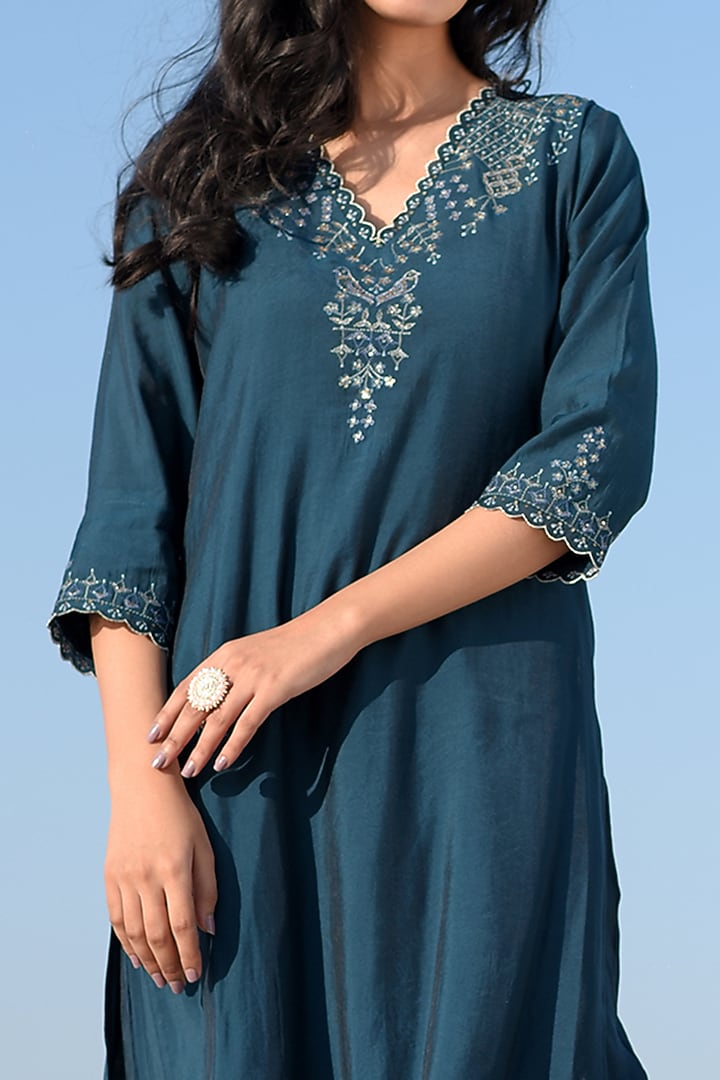 Blue Viscose Katan Silk Embroidered Kurta Set by TATWA at Pernia's Pop Up Shop