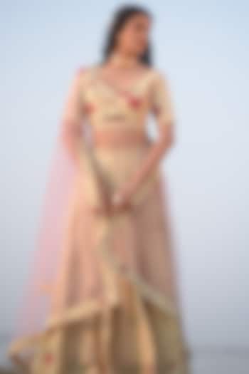Beige Viscose Katan Silk Embroidered Lehenga Set by TATWA at Pernia's Pop Up Shop
