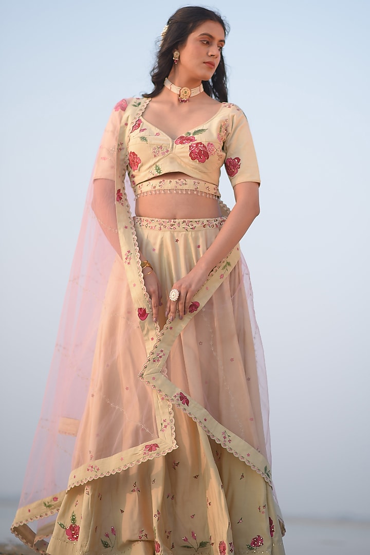 Beige Viscose Katan Silk Embroidered Lehenga Set by TATWA at Pernia's Pop Up Shop