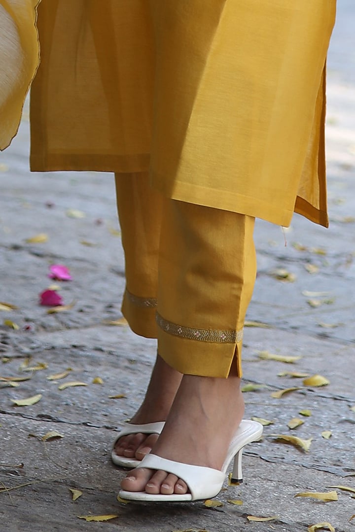 Mustard Handloom Chanderi Silk Resham Thread Work Kurta Set by TATWA at Pernia's Pop Up Shop