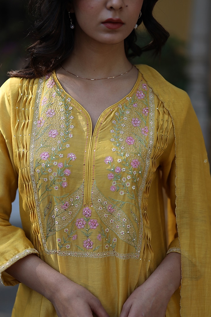 Mustard Handloom Chanderi Silk Resham Thread Work Kurta Set by TATWA at Pernia's Pop Up Shop