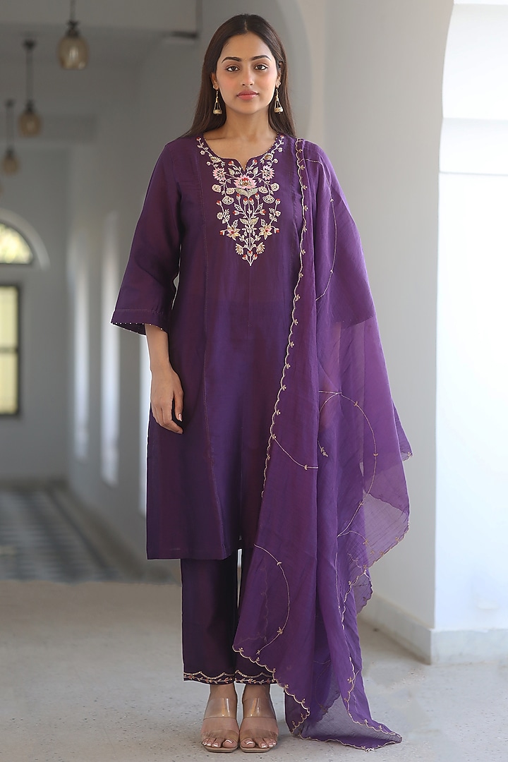 Purple Handloom Chanderi Silk Zardosi Hand Work Kurta Set by TATWA at Pernia's Pop Up Shop