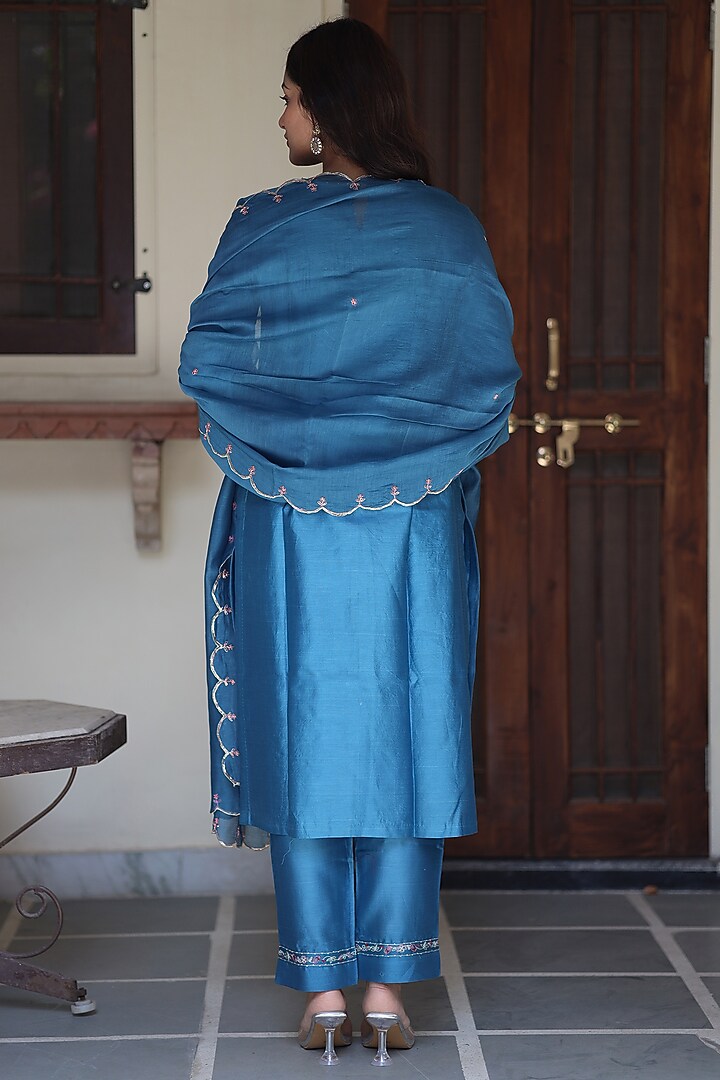 Prussian Blue Handloom Chanderi Silk Resham Thread Work Kurta Set by TATWA at Pernia's Pop Up Shop