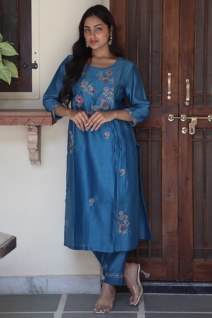 Prussian Blue Handloom Chanderi Silk Resham Thread Work Kurta Set by TATWA at Pernia's Pop Up Shop