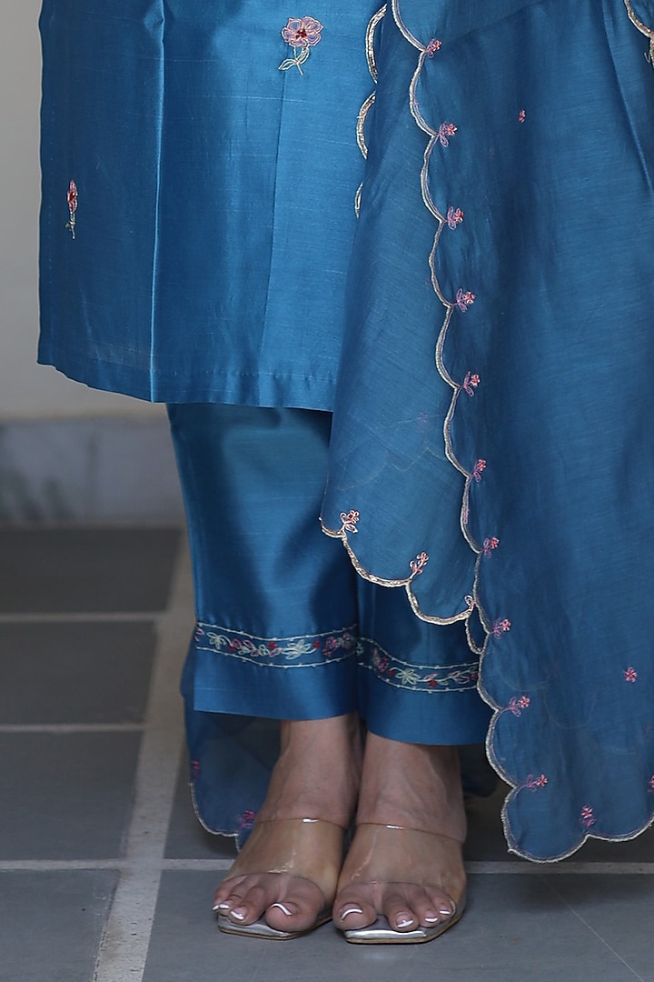 Prussian Blue Handloom Chanderi Silk Resham Thread Work Kurta Set by TATWA at Pernia's Pop Up Shop
