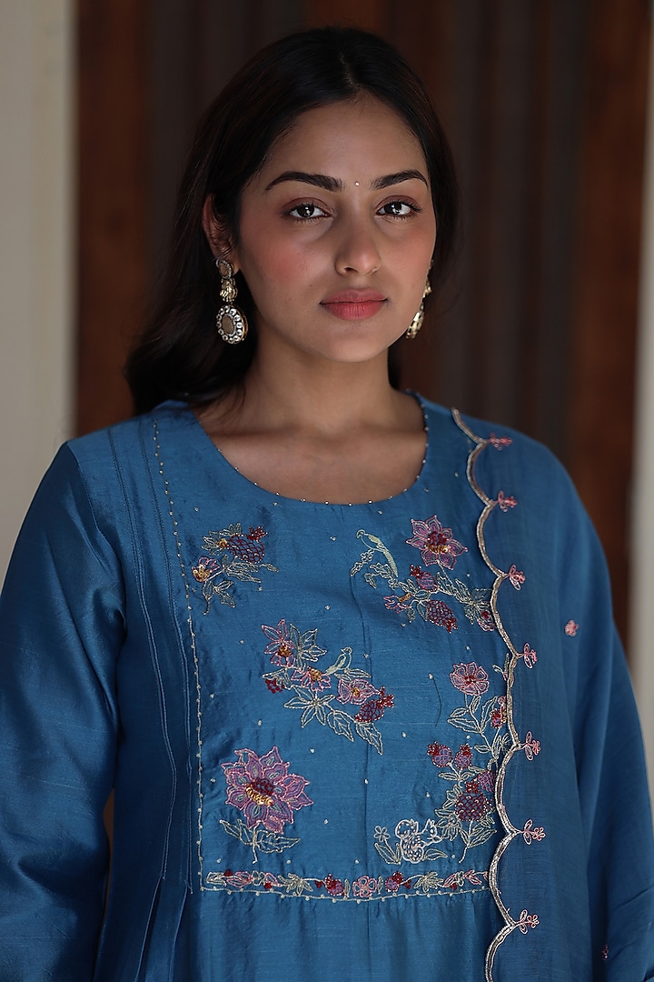 Prussian Blue Handloom Chanderi Silk Resham Thread Work Kurta Set by TATWA at Pernia's Pop Up Shop