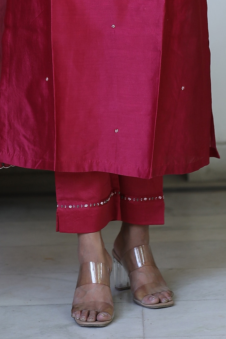 Magenta Pink Handloom Chanderi Silk Glass Beads Embellished Kurta Set by TATWA at Pernia's Pop Up Shop