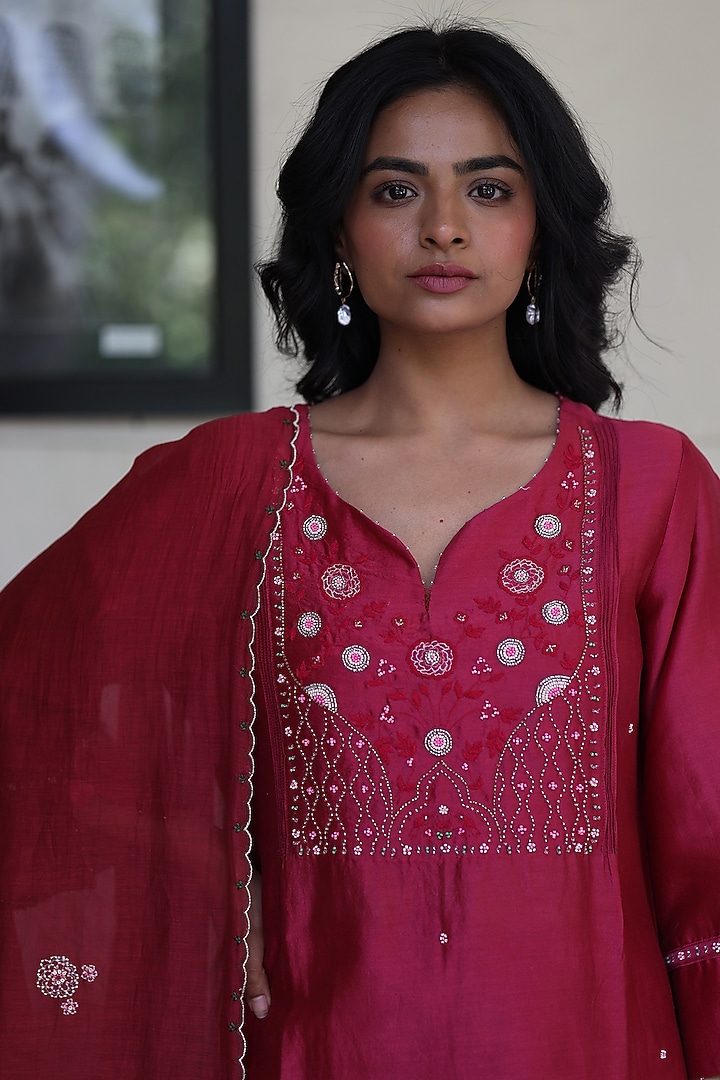 Magenta Pink Handloom Chanderi Silk Glass Beads Embellished Kurta Set by TATWA at Pernia's Pop Up Shop