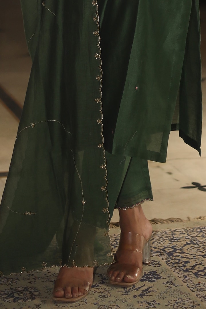 Bottle Green Handloom Chanderi Silk Glass Beads Embellished Kurta Set by TATWA at Pernia's Pop Up Shop