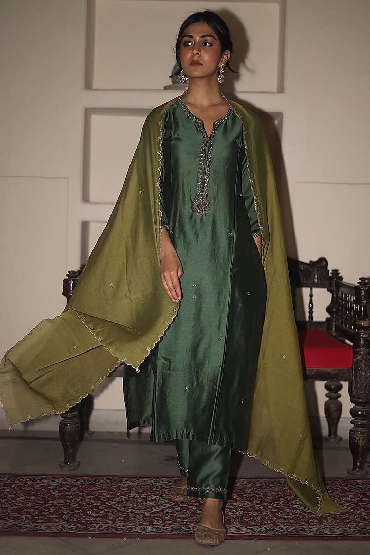 Bottle Green Handloom Chanderi Silk Zardosi Hand Work Kurta Set by TATWA at Pernia's Pop Up Shop