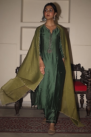 Bottle Green Handloom Chanderi Silk Zardosi Hand Work Kurta Set by TATWA