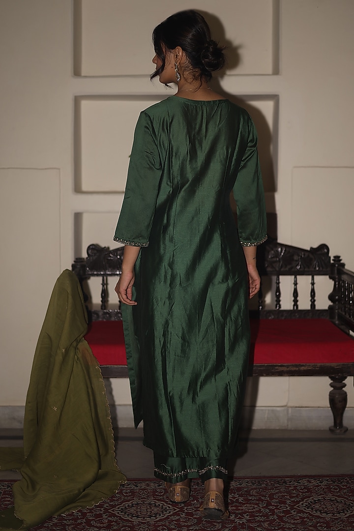 Bottle Green Handloom Chanderi Silk Zardosi Hand Work Kurta Set by TATWA at Pernia's Pop Up Shop