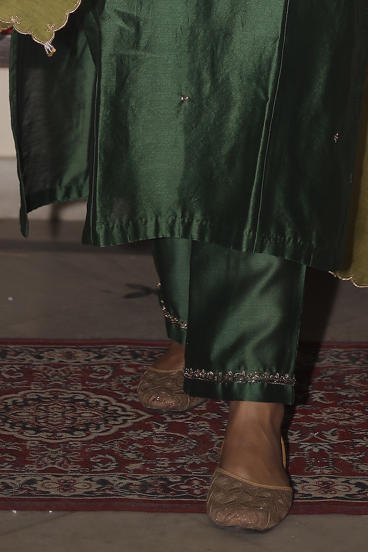 Bottle Green Handloom Chanderi Silk Zardosi Hand Work Kurta Set by TATWA at Pernia's Pop Up Shop