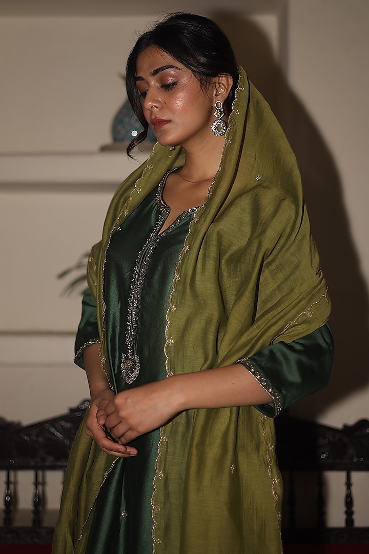 Bottle Green Handloom Chanderi Silk Zardosi Hand Work Kurta Set by TATWA at Pernia's Pop Up Shop