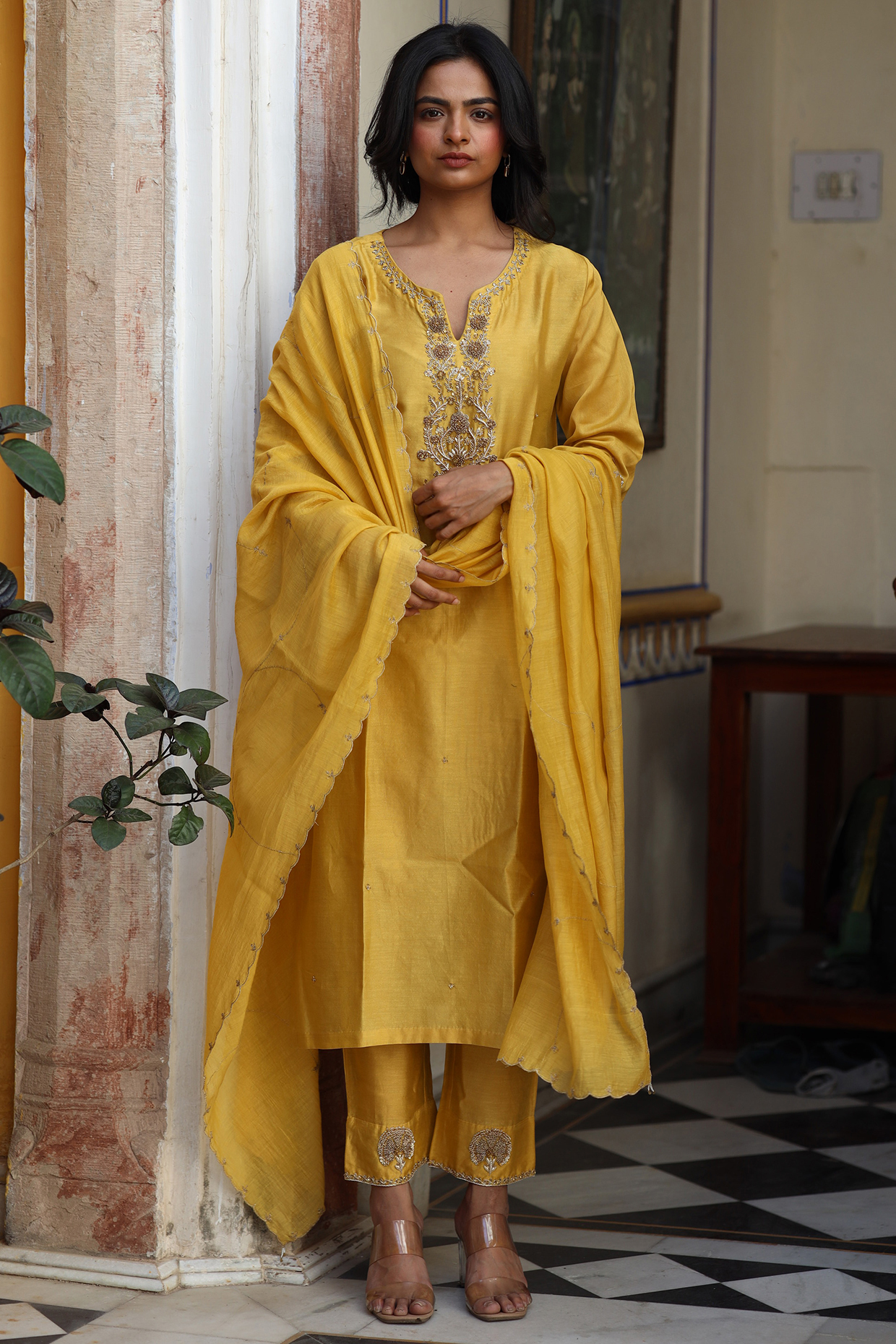 Mustard Handloom Chanderi Silk Zardosi Hand Work Kurta Set by TATWA at Pernia's Pop Up Shop