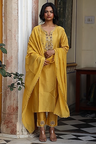 Mustard Handloom Chanderi Silk Zardosi Hand Work Kurta Set by TATWA