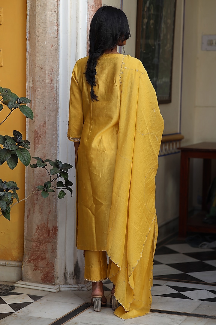 Mustard Handloom Chanderi Silk Zardosi Hand Work Kurta Set by TATWA at Pernia's Pop Up Shop