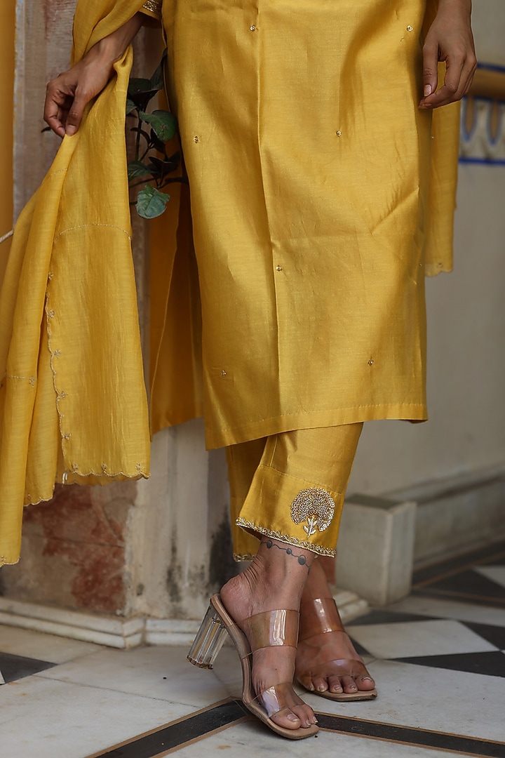 Mustard Handloom Chanderi Silk Zardosi Hand Work Kurta Set by TATWA at Pernia's Pop Up Shop