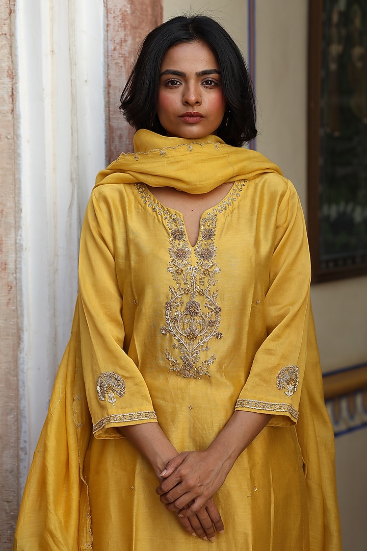 Mustard Handloom Chanderi Silk Zardosi Hand Work Kurta Set by TATWA at Pernia's Pop Up Shop