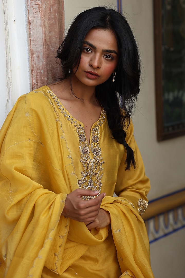 Mustard Handloom Chanderi Silk Zardosi Hand Work Kurta Set by TATWA at Pernia's Pop Up Shop