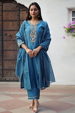 Prussian Blue Handloom Chanderi Silk Zardosi Hand Work Kurta Set by TATWA