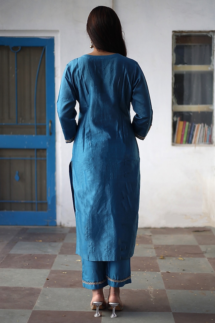 Prussian Blue Handloom Chanderi Silk Zardosi Hand Work Kurta Set by TATWA at Pernia's Pop Up Shop