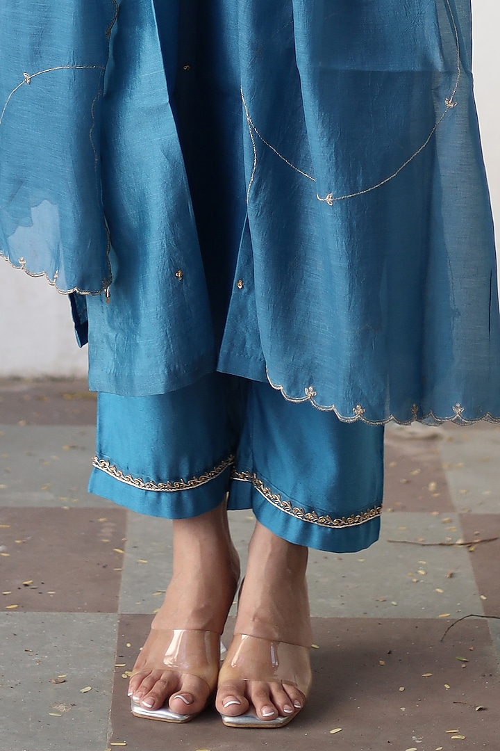 Prussian Blue Handloom Chanderi Silk Zardosi Hand Work Kurta Set by TATWA at Pernia's Pop Up Shop