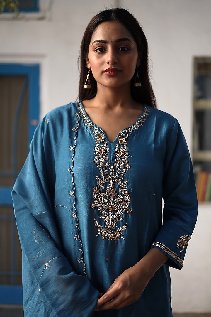 Prussian Blue Handloom Chanderi Silk Zardosi Hand Work Kurta Set by TATWA at Pernia's Pop Up Shop