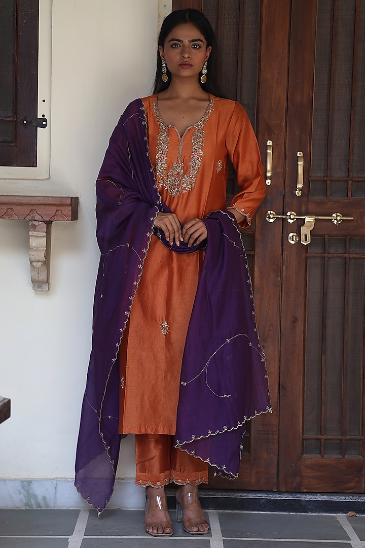 Rust Orange Handloom Chanderi Silk Zardosi Hand Work Kurta Set by TATWA