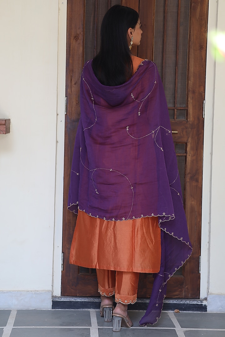Rust Orange Handloom Chanderi Silk Zardosi Hand Work Kurta Set by TATWA at Pernia's Pop Up Shop