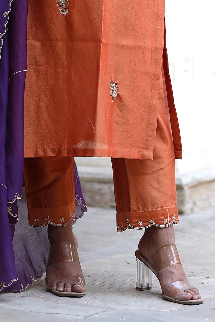 Rust Orange Handloom Chanderi Silk Zardosi Hand Work Kurta Set by TATWA at Pernia's Pop Up Shop