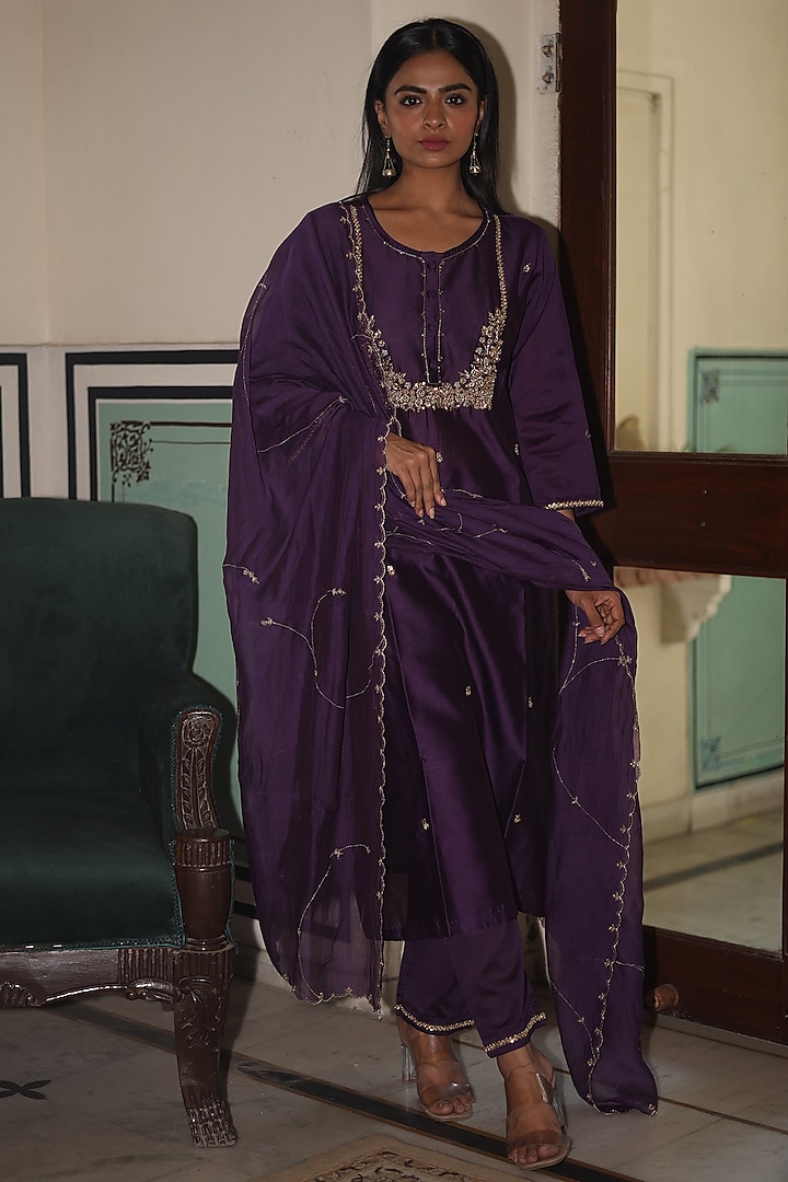 Purple Handloom Chanderi Silk Zardosi Hand Work Kurta Set by TATWA