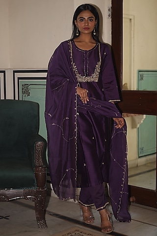 Purple Handloom Chanderi Silk Zardosi Hand Work Kurta Set by TATWA