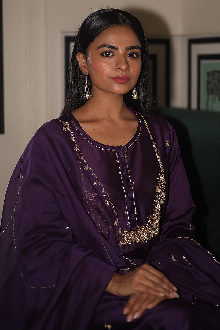 Purple Handloom Chanderi Silk Zardosi Hand Work Kurta Set by TATWA at Pernia's Pop Up Shop