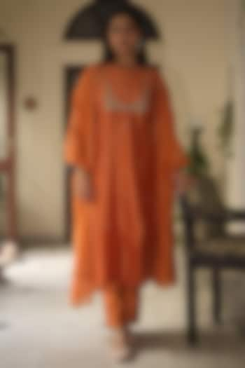 Rust Orange Handloom Chanderi Silk Zardosi Hand Work Kurta Set by TATWA at Pernia's Pop Up Shop