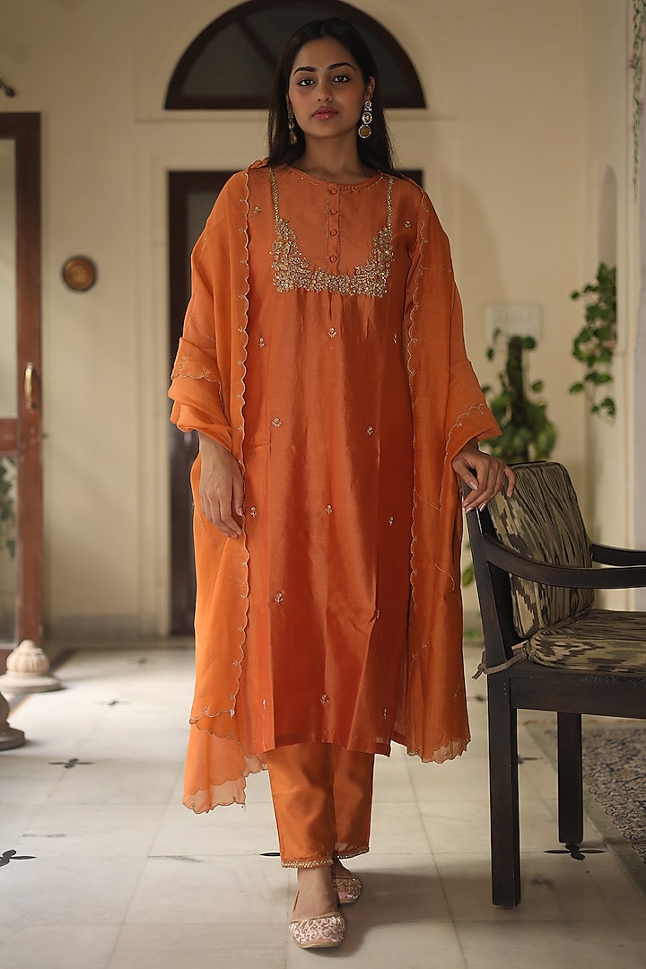 Rust Orange Handloom Chanderi Silk Zardosi Hand Work Kurta Set by TATWA at Pernia's Pop Up Shop