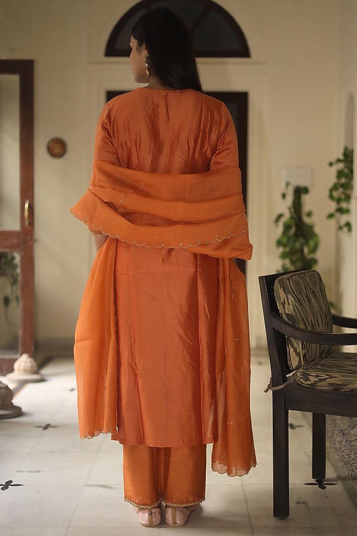 Rust Orange Handloom Chanderi Silk Zardosi Hand Work Kurta Set by TATWA at Pernia's Pop Up Shop