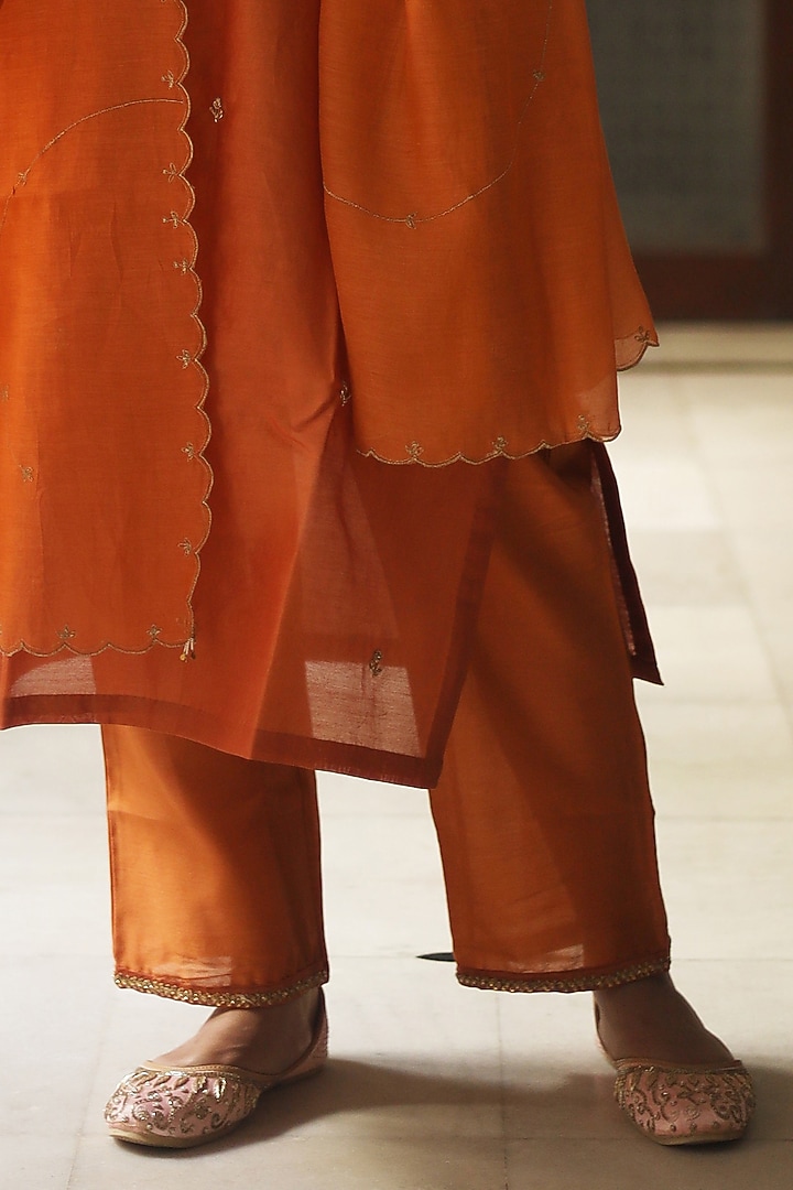 Rust Orange Handloom Chanderi Silk Zardosi Hand Work Kurta Set by TATWA at Pernia's Pop Up Shop