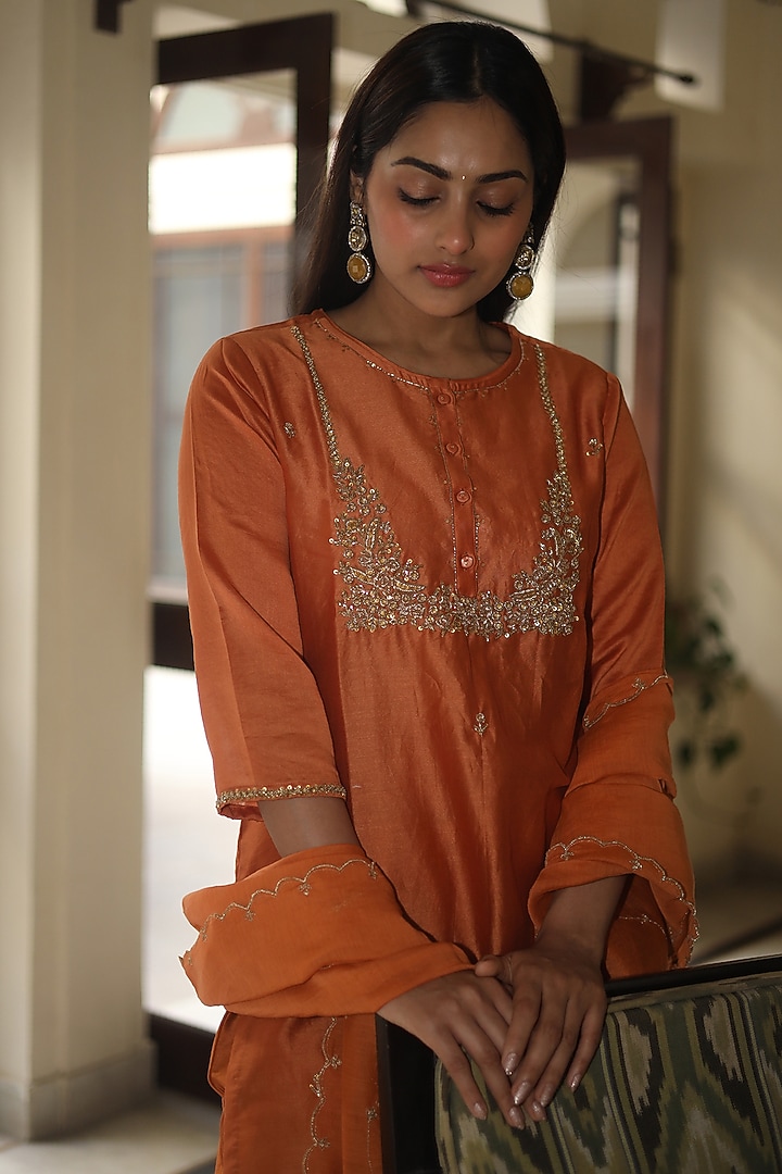 Rust Orange Handloom Chanderi Silk Zardosi Hand Work Kurta Set by TATWA at Pernia's Pop Up Shop