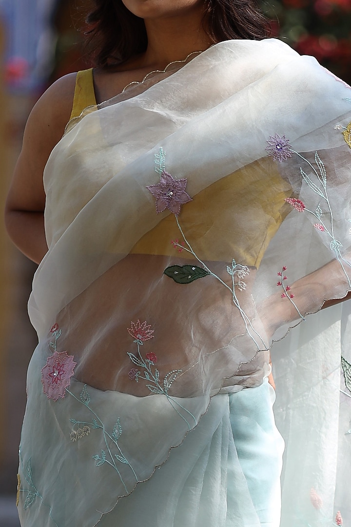 Ice Blue Soft Organza Silk Resham Embroidered Party Wear Saree Set by TATWA at Pernia's Pop Up Shop