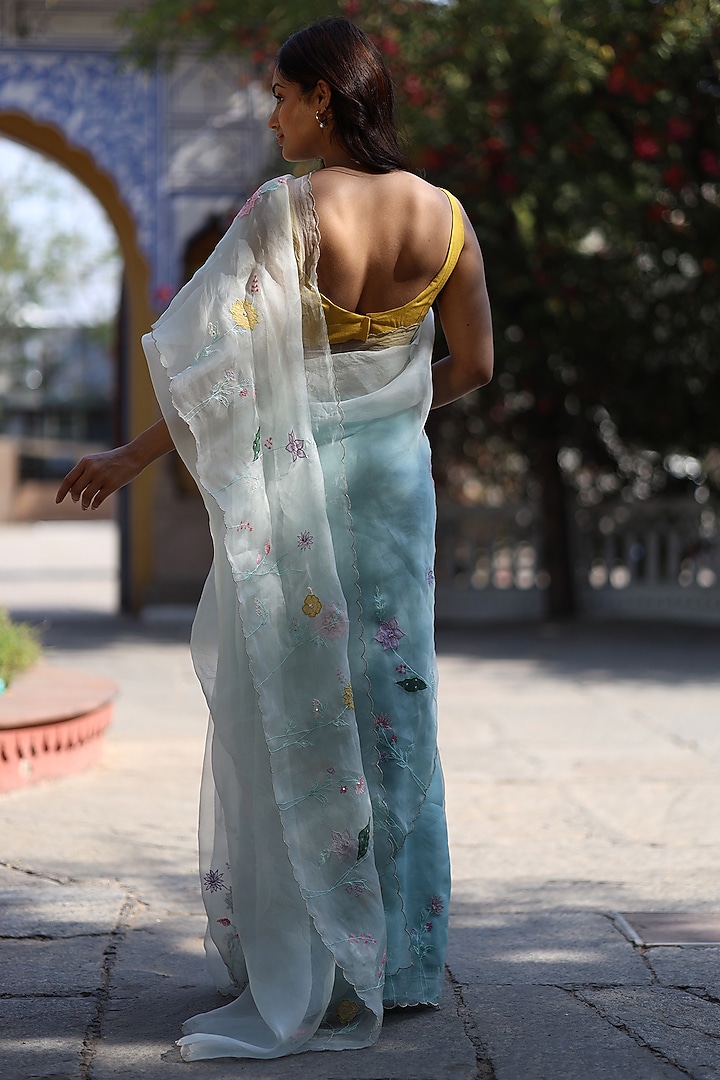 Ice Blue Soft Organza Silk Resham Embroidered Party Wear Saree Set by TATWA at Pernia's Pop Up Shop