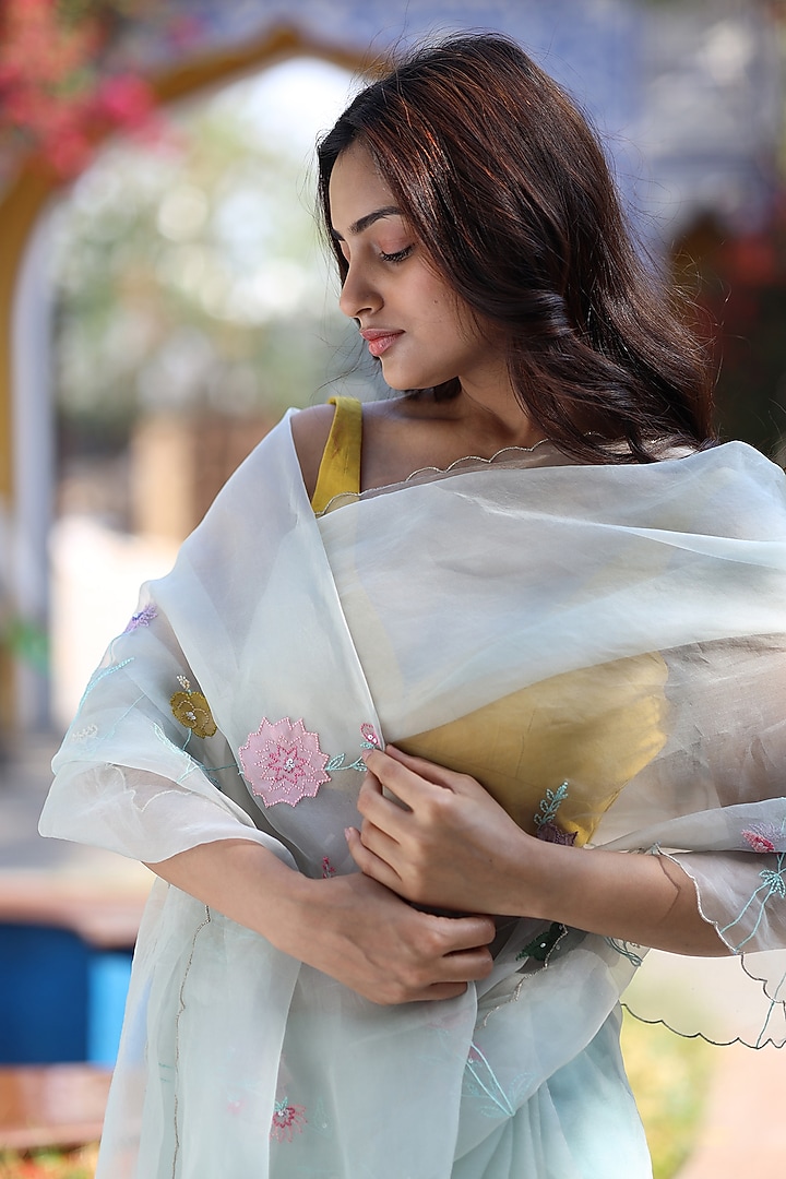 Ice Blue Soft Organza Silk Resham Embroidered Party Wear Saree Set by TATWA at Pernia's Pop Up Shop