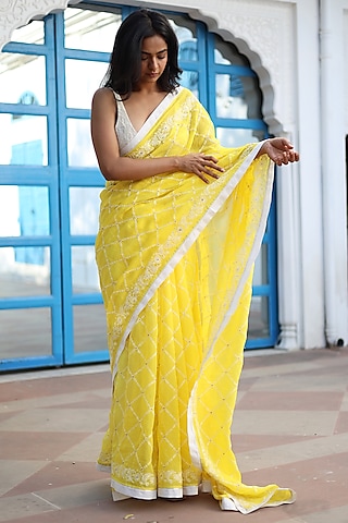 Neon Yellow Silk Organza Cross Boota Embroidered Saree by TATWA