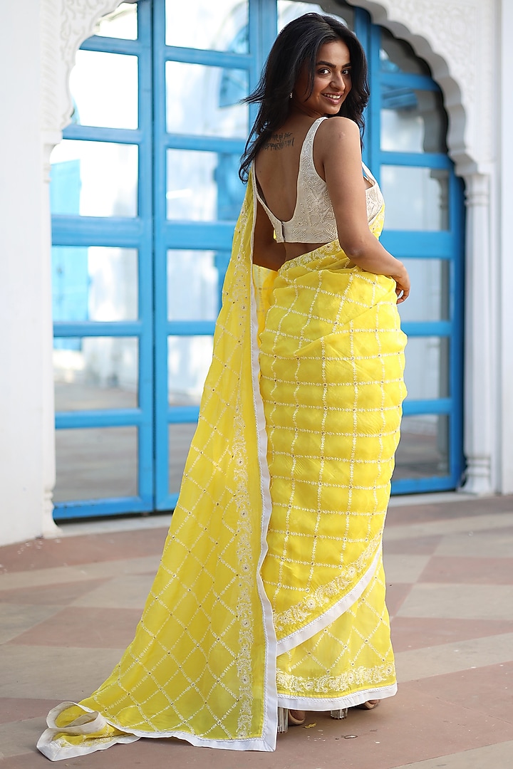 Neon Yellow Silk Organza Cross Boota Embroidered Party Wear Saree by TATWA at Pernia's Pop Up Shop