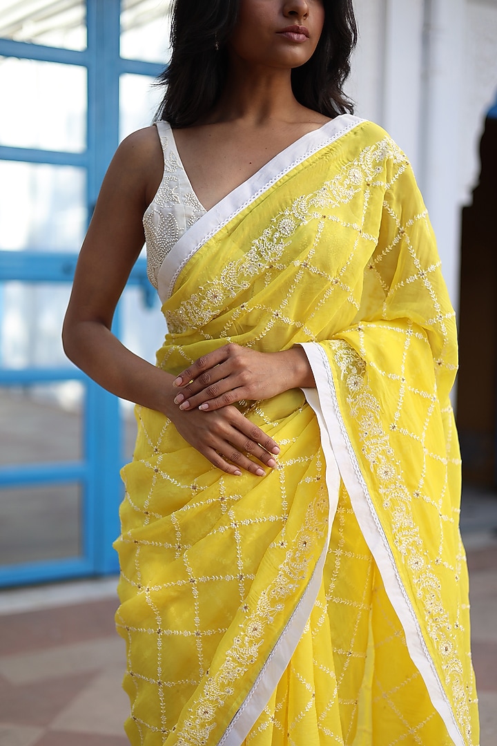 Neon Yellow Silk Organza Cross Boota Embroidered Party Wear Saree by TATWA at Pernia's Pop Up Shop