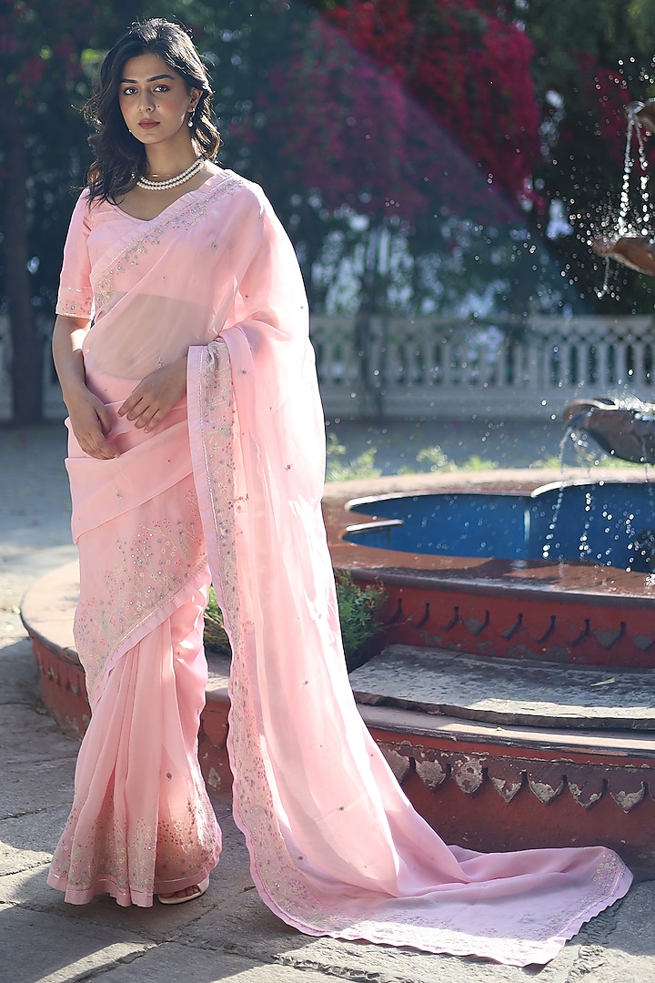 Blush Pink Silk Organza Resham Embroidered Saree by TATWA